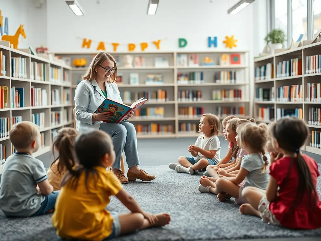A group of children sitting in a circle, listening attentively as a librarian reads aloud from a colorful storybook during a weekly reading circle at LE CHATAIGNIER BOUQUINEUR.