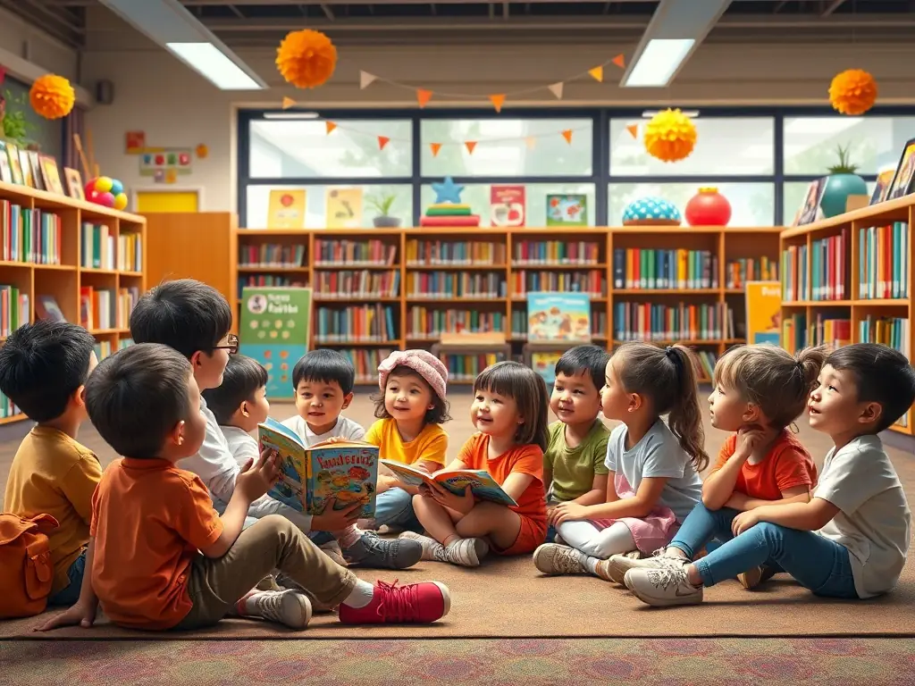 A group of children participating in a lively storytelling session at LE CHATAIGNIER BOUQUINEUR, with a librarian enthusiastically reading aloud from a picture book. The children are engaged and excited, surrounded by colorful decorations and props.