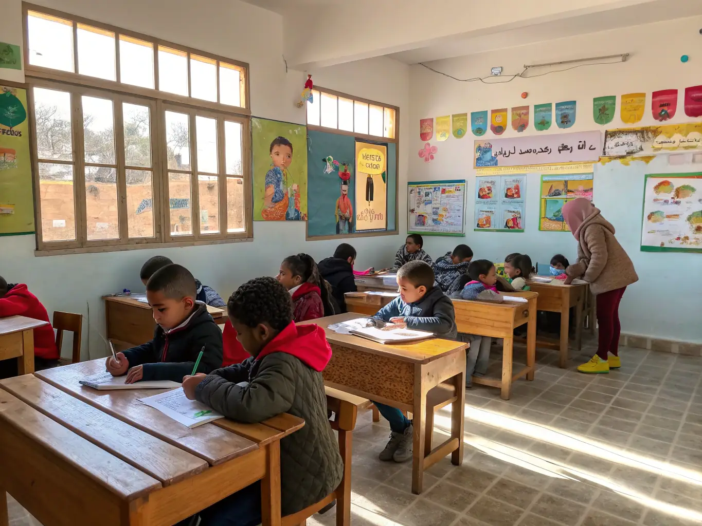 A brightly lit classroom setting where participants are actively engaged in a hands-on educational workshop, learning new skills and expanding their knowledge at LE CHATAIGNIER BOUQUINEUR.