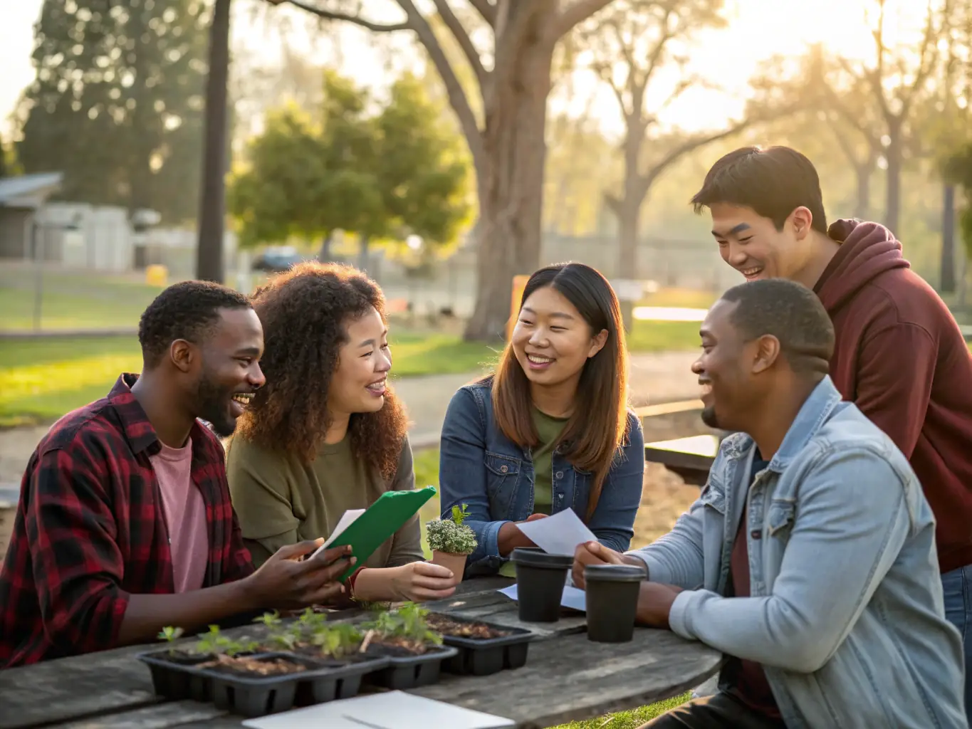 A diverse group of community members participating in a community engagement initiative at LE CHATAIGNIER BOUQUINEUR, working together on a project that benefits the local area.