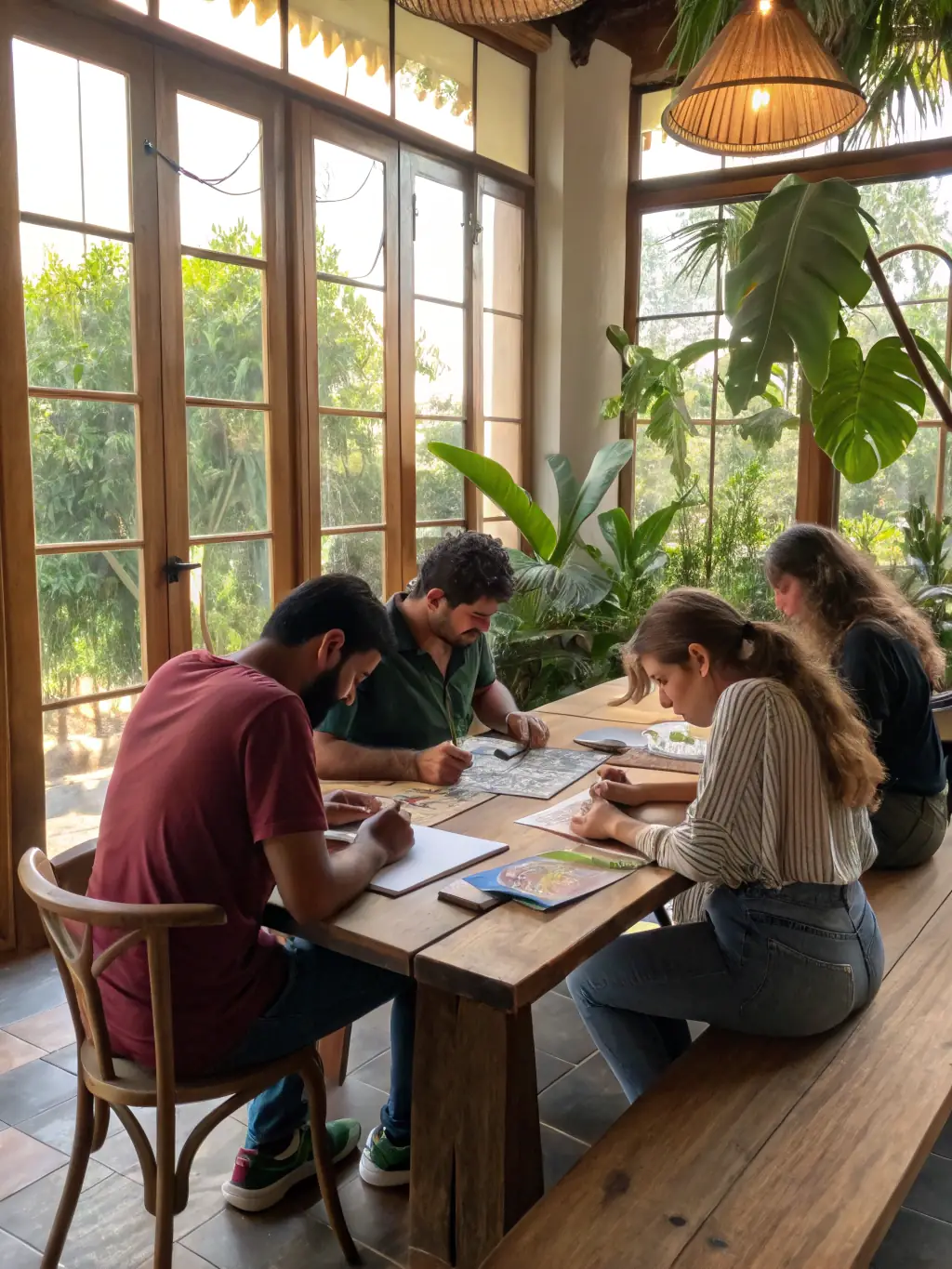 Adults gathered around a table, engaged in a writing workshop, learning techniques to improve their creative writing skills, inside LE CHATAIGNIER BOUQUINEUR.