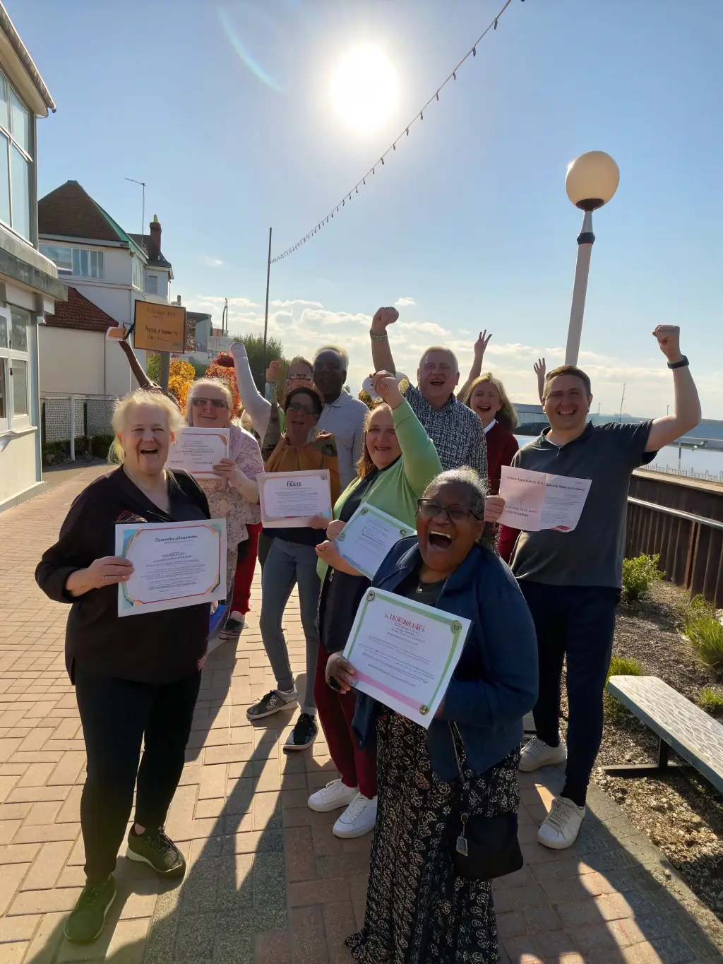 A diverse group of community members participating in a summer reading challenge event, celebrating their reading achievements with prizes and refreshments at LE CHATAIGNIER BOUQUINEUR.