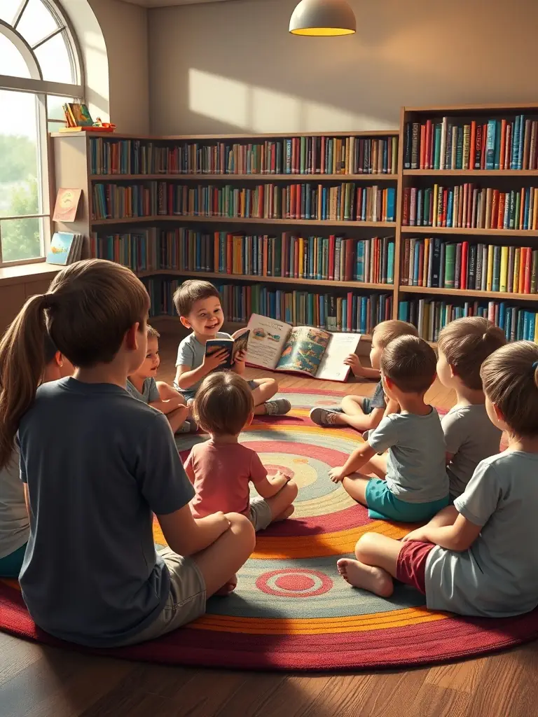 A group of children sitting in a circle, listening attentively as a librarian reads aloud from a storybook, set in a cozy corner of LE CHATAIGNIER BOUQUINEUR library.
