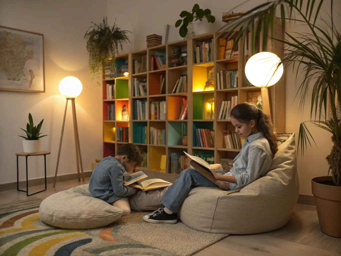 A cozy and inviting reading nook inside LE CHATAIGNIER BOUQUINEUR, with comfortable seating, soft lighting, and shelves filled with a diverse collection of books. A young child is engrossed in a storybook, while an adult browses the shelves in the background.